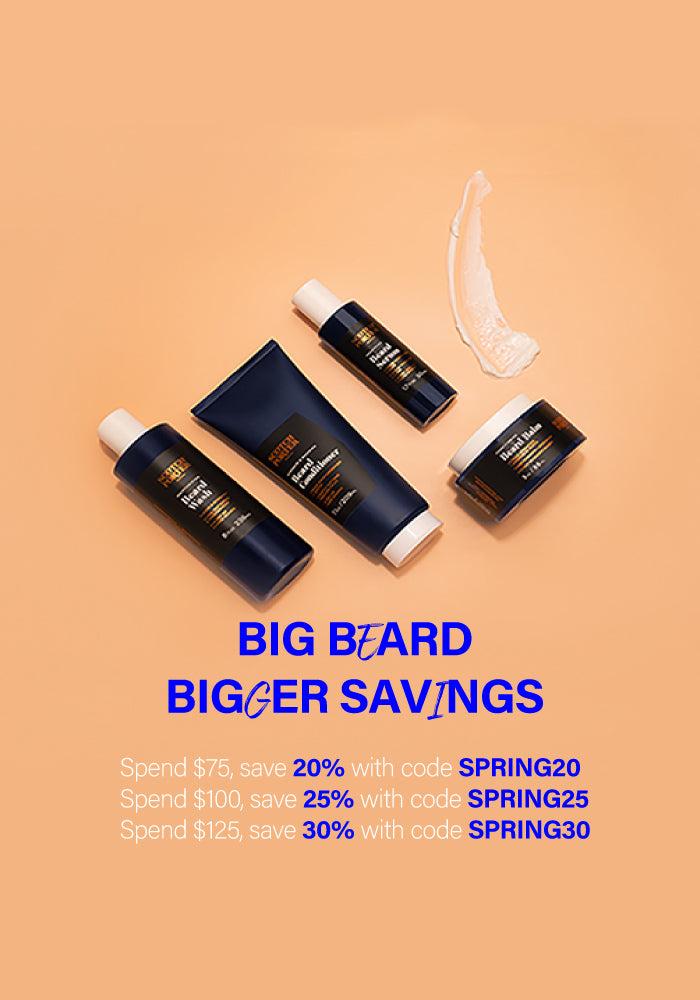 Beard care products with discount codes, offering savings based on spending tiers. Tier 1: Spend $75, save 20% with code SPRING20. Tier 2: Spend $100, save 25% with code SPRING25. Tier 3: Spend $125, save 30% with code SPRING30.