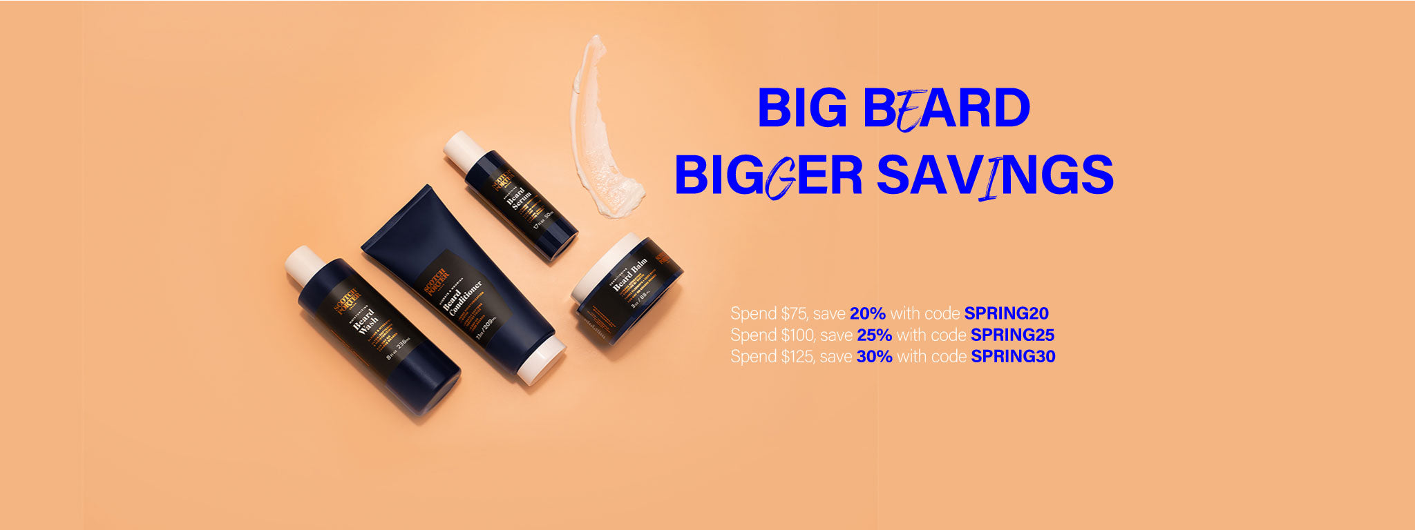 Beard care products with discount codes, offering savings based on spending tiers. Tier 1: Spend $75, save 20% with code SPRING20. Tier 2: Spend $100, save 25% with code SPRING25. Tier 3: Spend $125, save 30% with code SPRING30.
