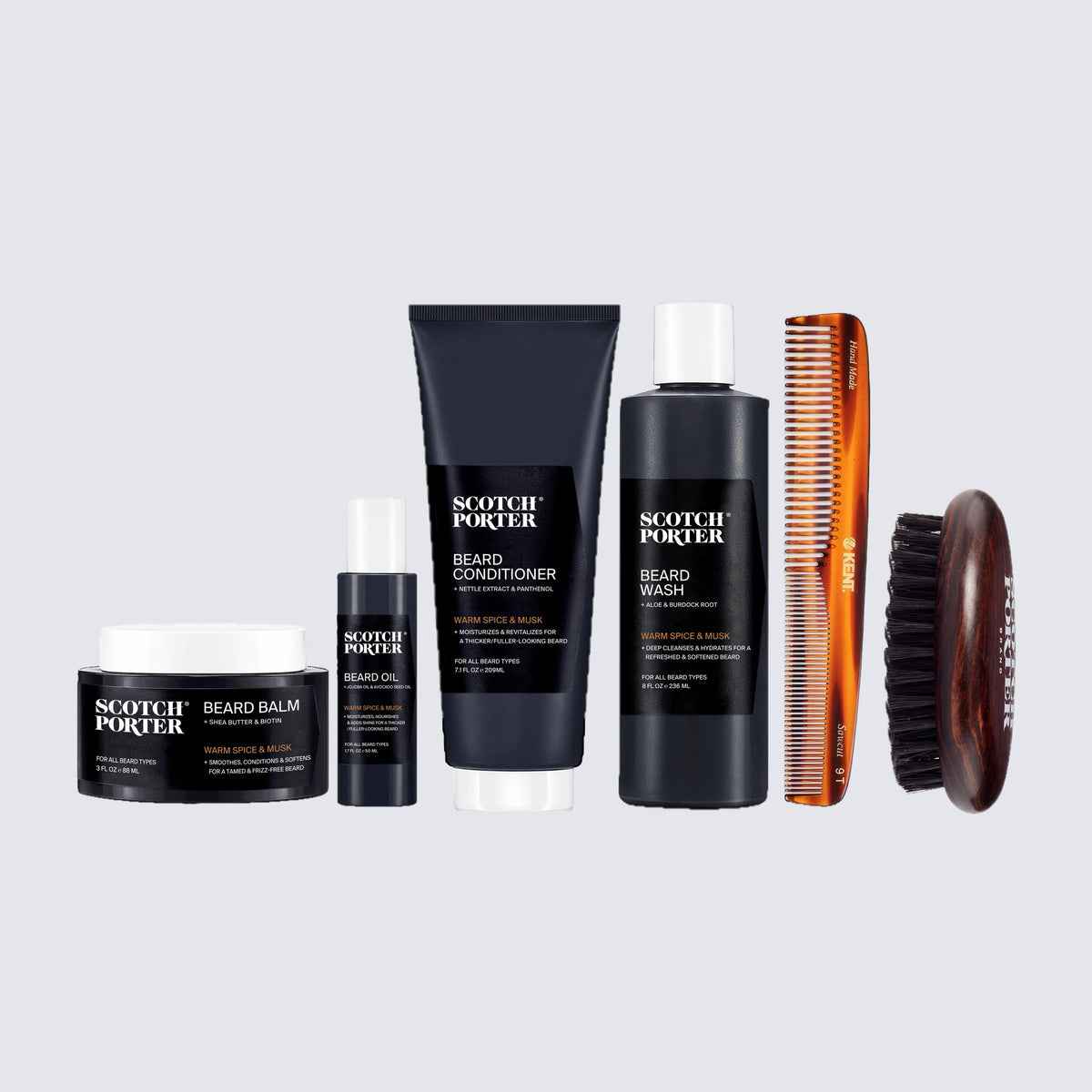 Ultimate Beard Collection: beard balm, beard oil, beard conditioner, beard wash, Kent large beard comb and boar bristle brush