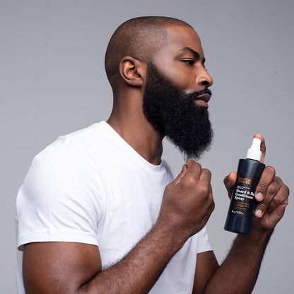 Beard and Hair Conditioner Spray being used by model 