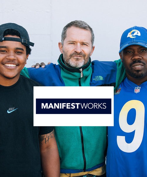 three men posing for picture, with 'Manifest Works' logo overlayed on the image