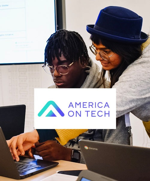 two adults working on a laptop, with 'American on Tech' logo overlayed on the image