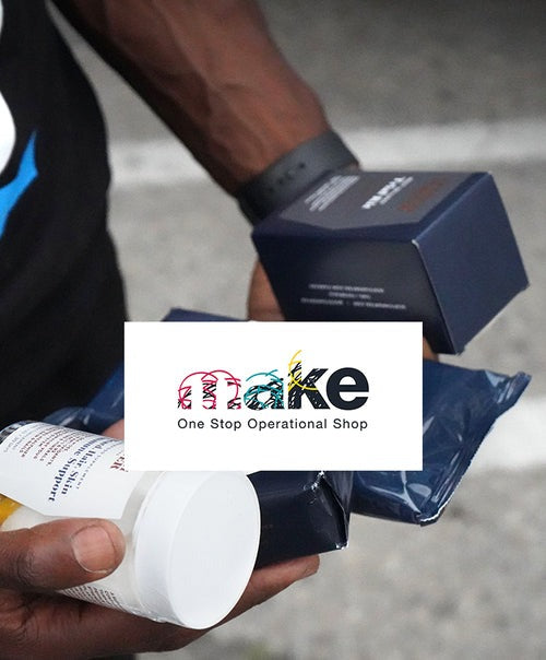 man holding beard products, with 'Make' logo overlayed on the image